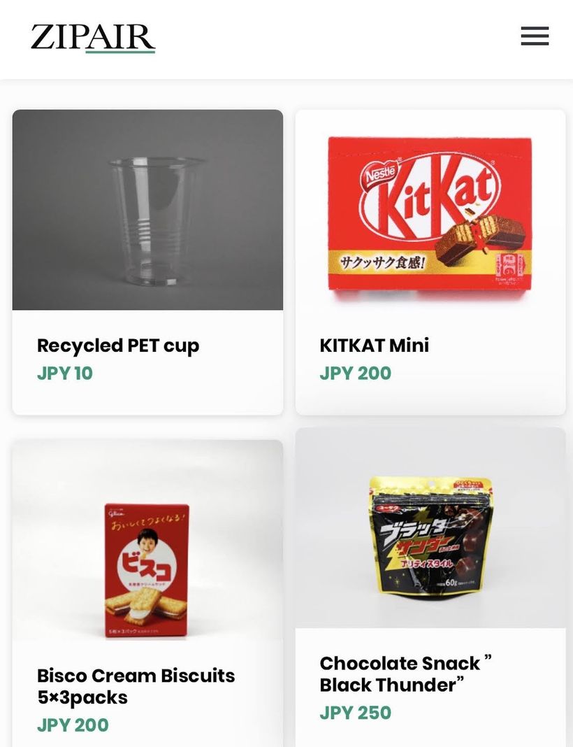Screenshot of what ZipAir charges for a cup.